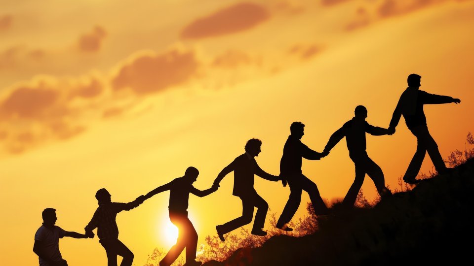 Männer halten sich an den Händen und gehen im Sonnenuntergang einen Hang hinauf