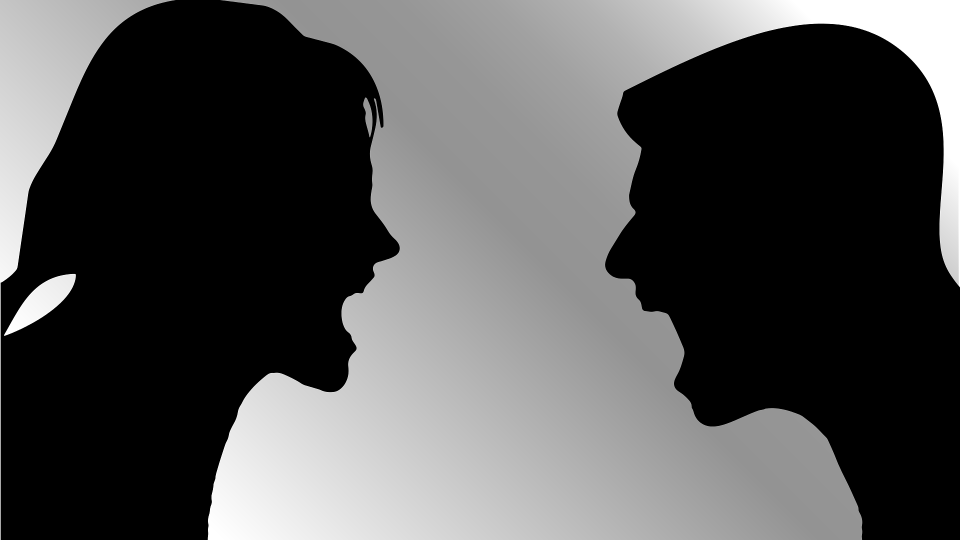 Man sieht die Silhouetten von einer Frau und einem Mann, die sich anschreien