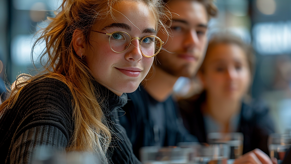 3 junge Menschen sitzen an einem Tisch