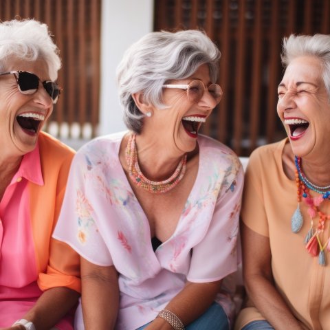 3 ältere Damen sitzen nebeneinander und lachen