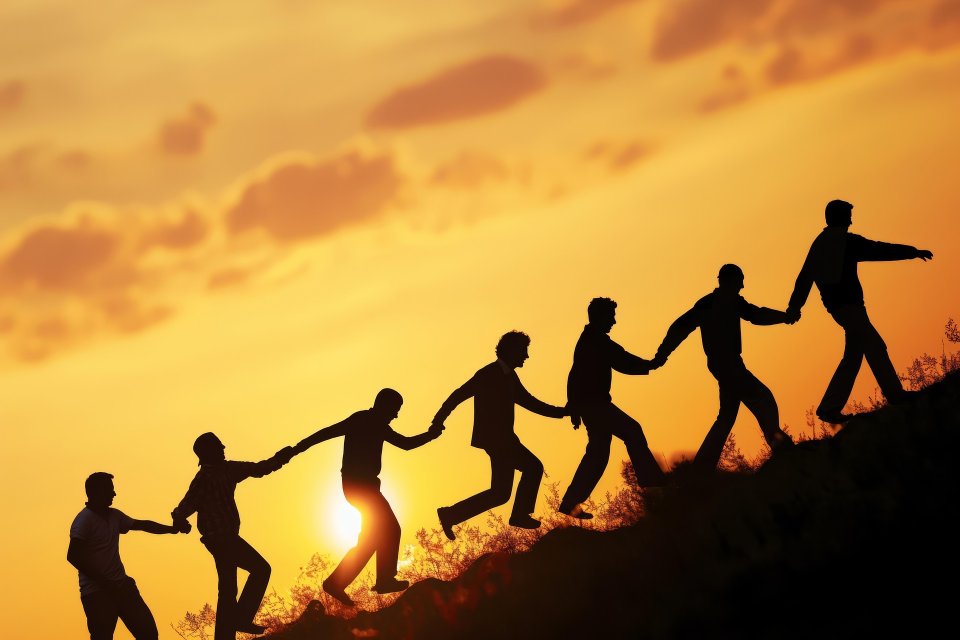 Männer halten sich an den Händen und gehen im Sonnenuntergang einen Hang hinauf