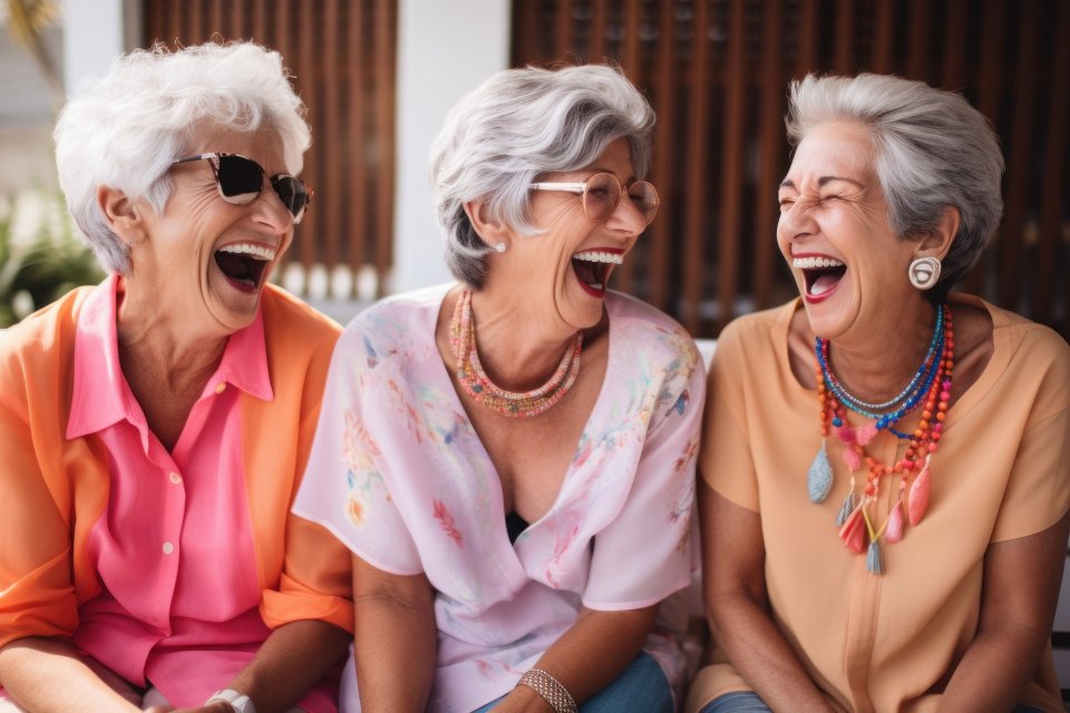 3 ältere Damen sitzen nebeneinander und lachen