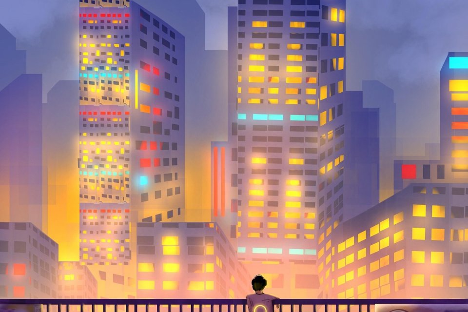 Junge blickt auf Hochhäuser