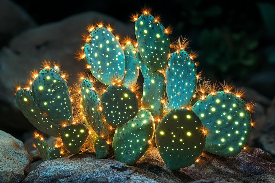 Kaktus, dessen Stacheln wie kleine Lämpchen leuchten